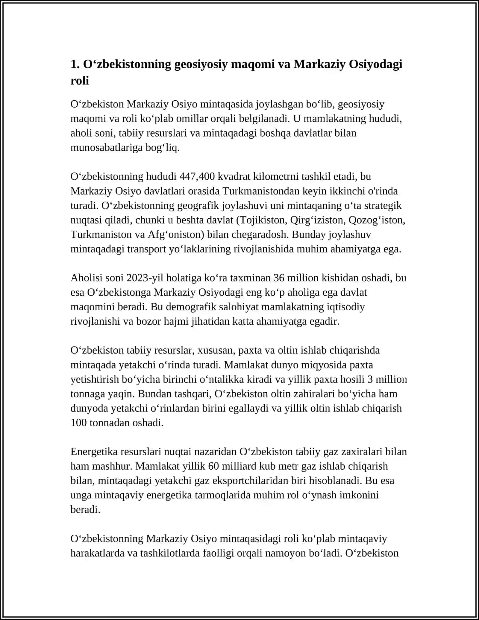 O‘ZBEKISTONNING MARKAZIY OSIYODA TINCHLIK VA BARQARORLIKNI TA‘MINLASHDAGI O‘RNI 3