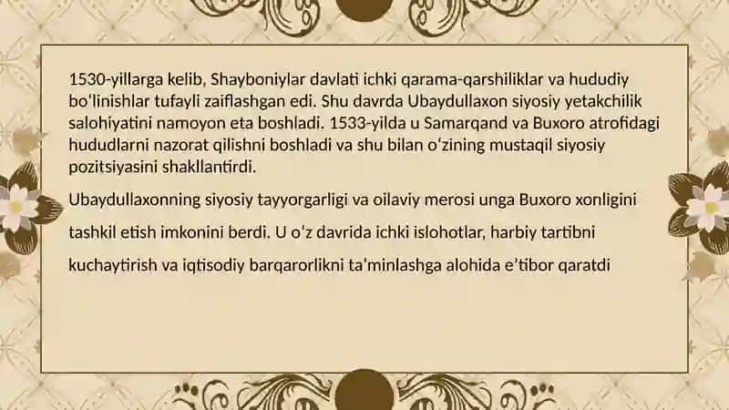 Ubaydullaxonning xukmronligi va Buxoro xonligi tashkil topishi 3
