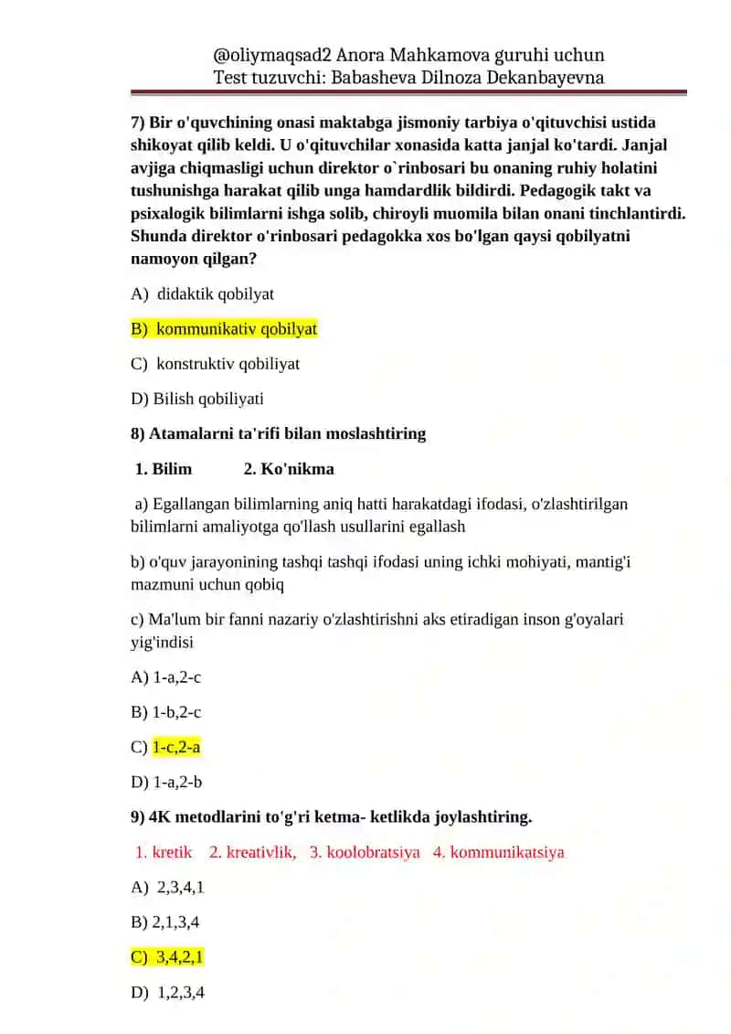 Test tuzuvchi: Babasheva Dilnoza Dekanbayevna 3