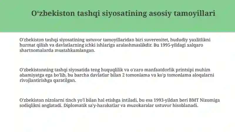 Oʻzbekiston tashqi siyosatining asosiy tamoyillari 3