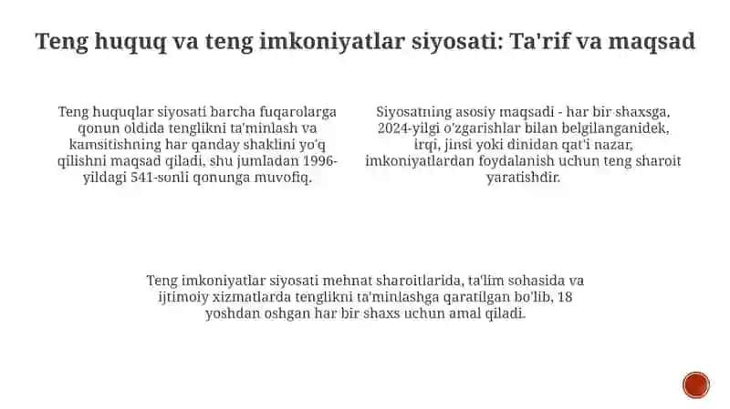Teng huquqlar va teng imkoniyatlari siyosati 3