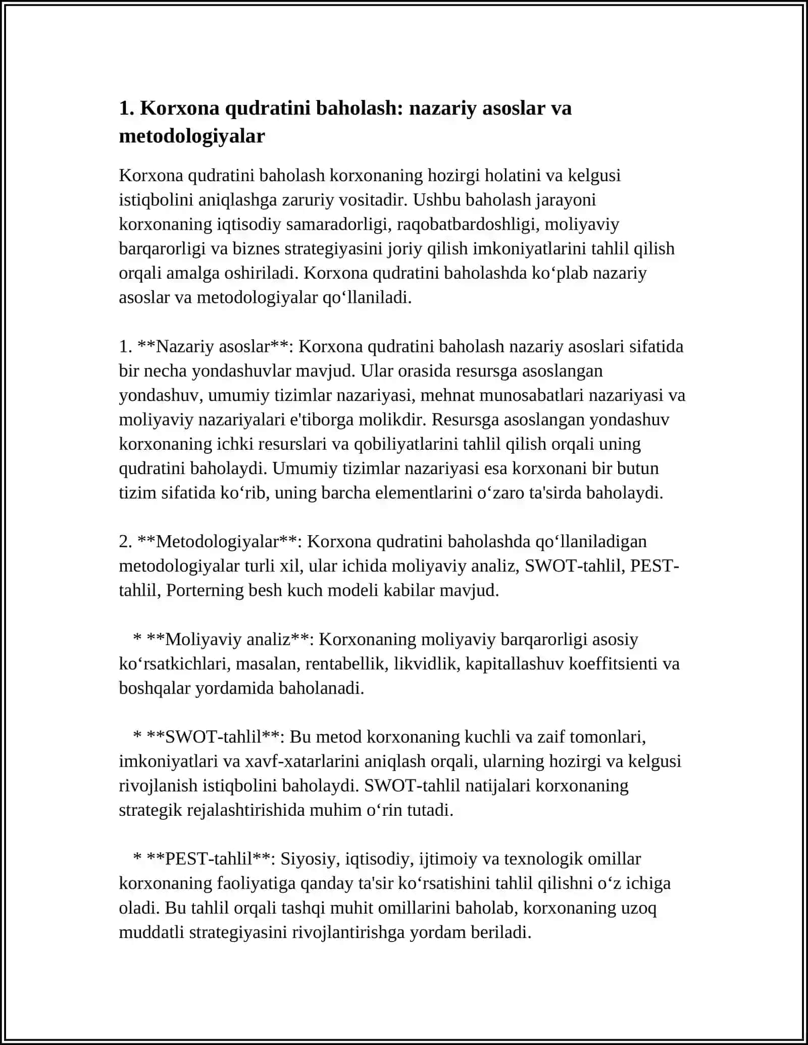 KORXONA QUDRATINI BAHOLASH VA BOSHQARISH REFERAT 3