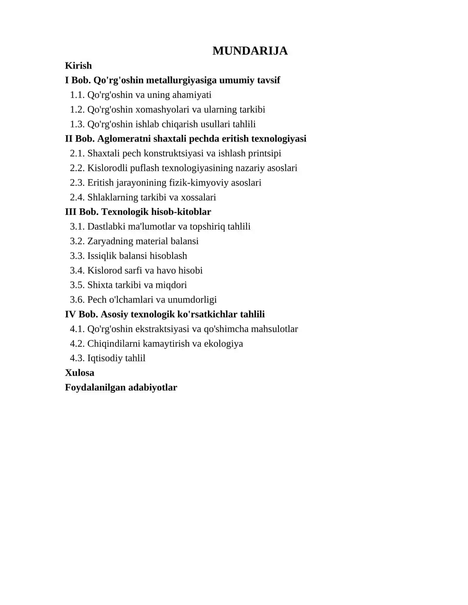 "Shaxtali pechda Pb aglomeratini kislorodli puflash orqali eritish texnologiyasini tanlash va hisoblash" 3