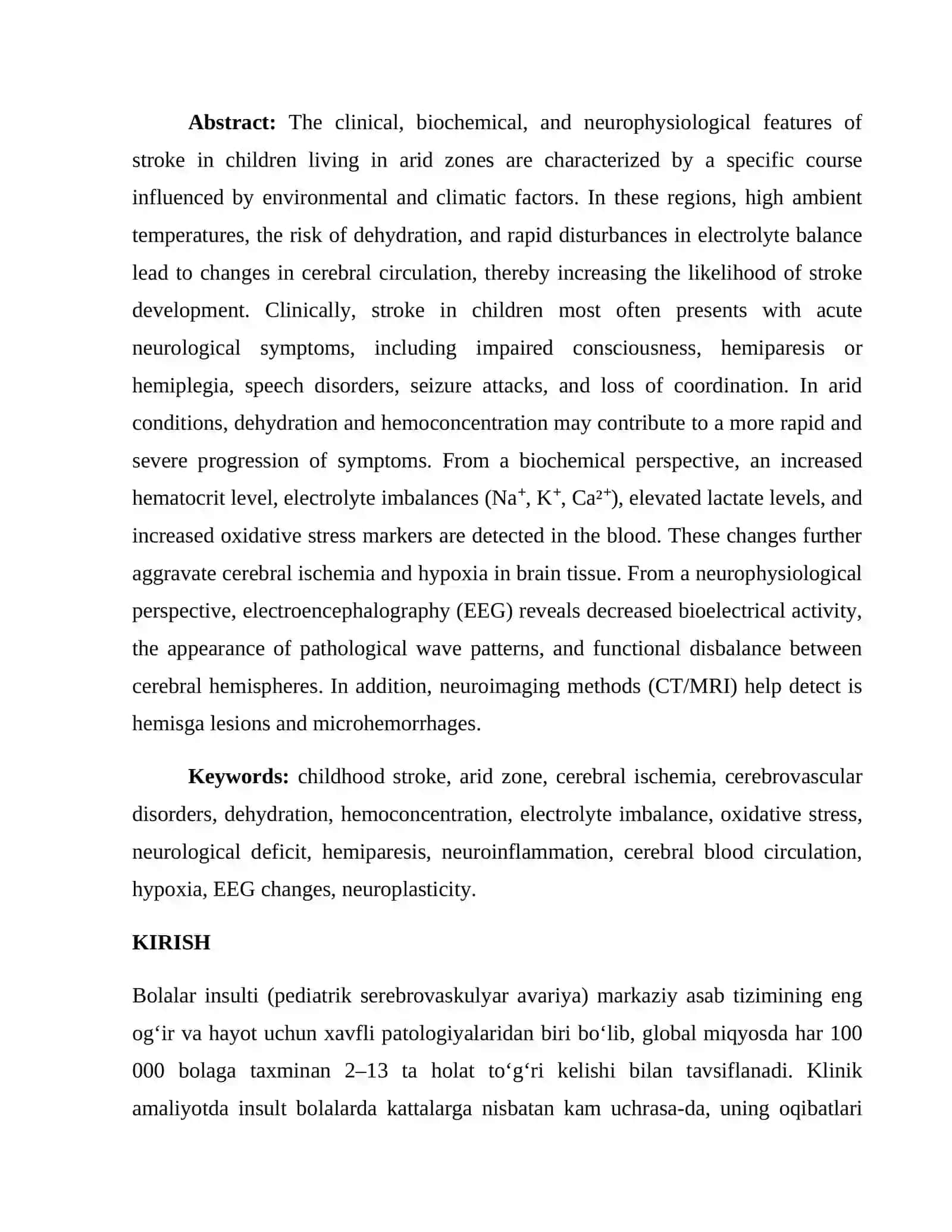 ARID ZONALARDA BOLALAR INSULTINING KLINIK, BIOKIMYOVIY VA NEYROFIZIOLOGIK XUSUSIYATLARI 3