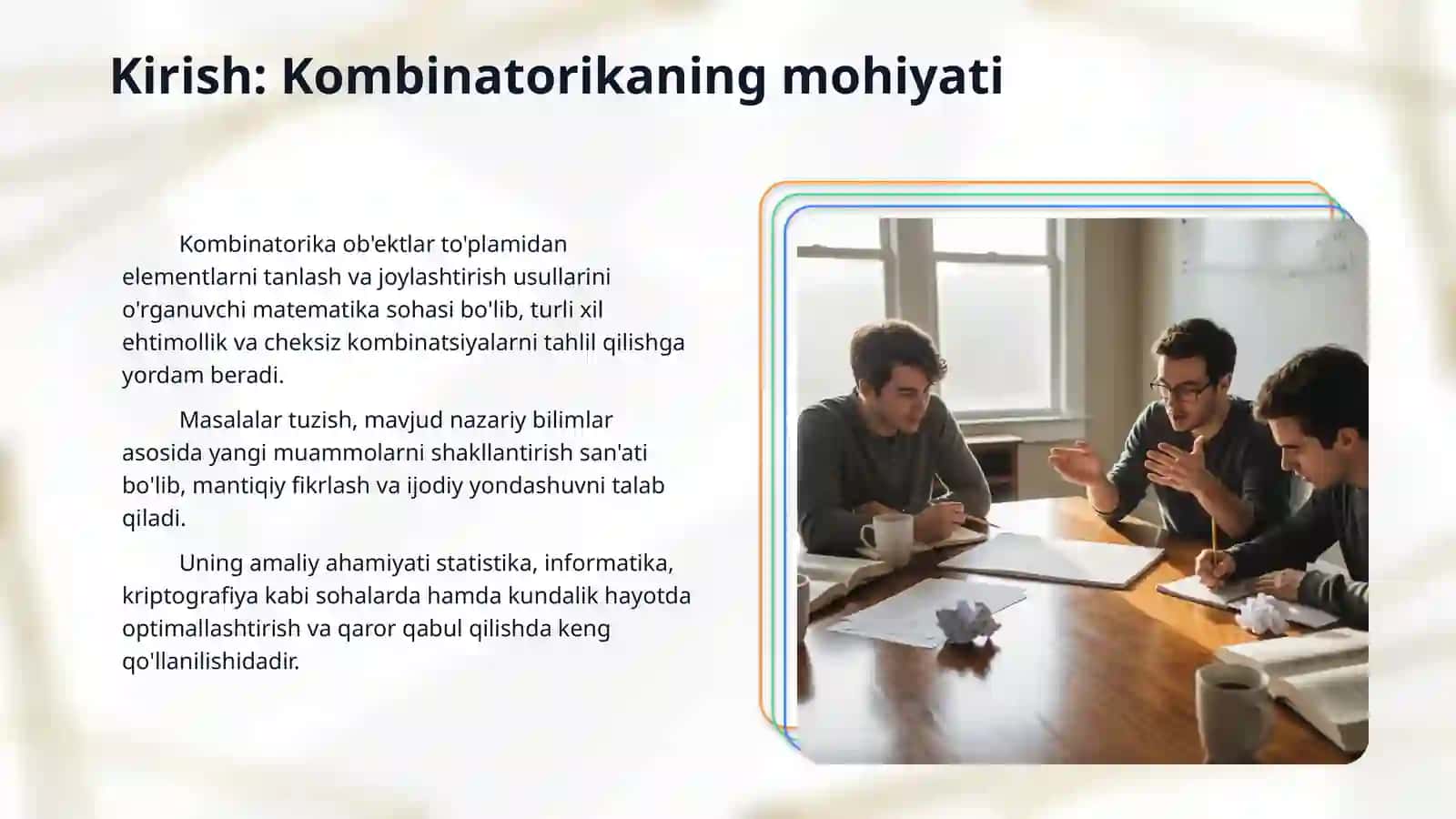 Kombinatorika mavzusidagi  formulalar yordamida yechiladigan masalalar tuzish 3