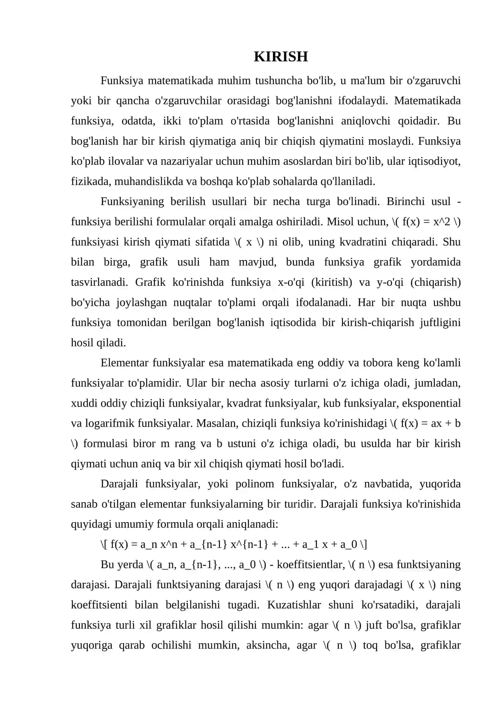 FUNKSIYA TUSHUNCHASI. FUNKSIYANING BERILISH USULLARI, ELEMENTAR FUNKSIYALAR VA ULARNING GRAFIKLARI. DARAJALI FUNKSIYA 3