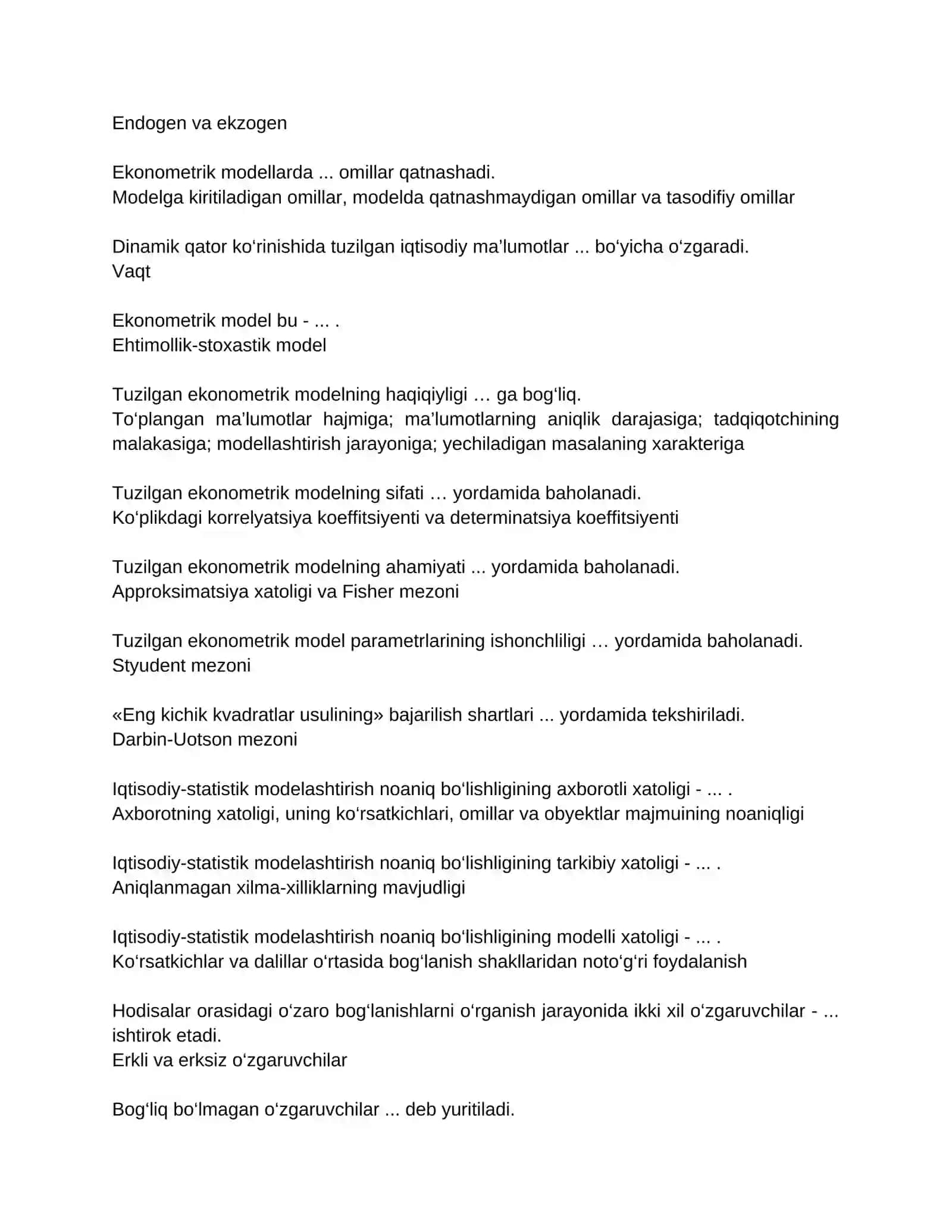 EKONOMETRIKA ASOSLARI fanidan test savollari (3-kurs, buxgalteriya hisobi va audit) 3