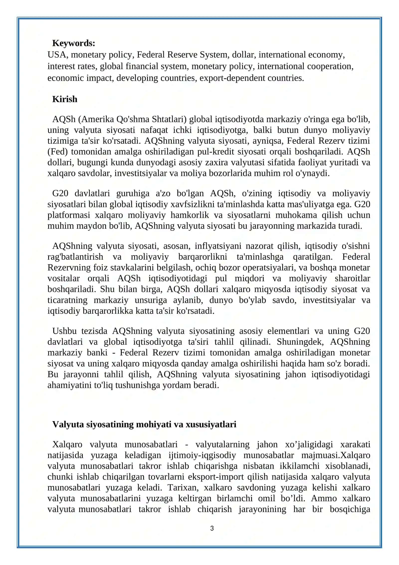 G20 davlatlari tarkibiga kiruvchi AQSH davlat valyuta siyosatini tahlil qilish asosida tayyorlagan TEZIS 3
