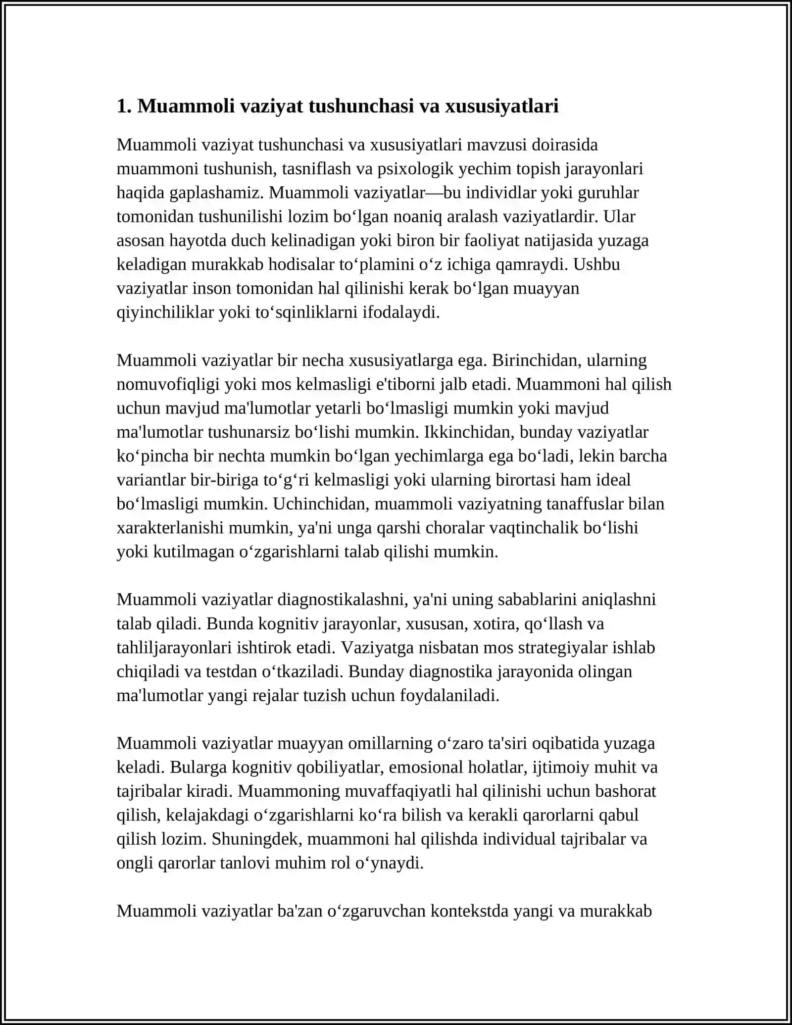 MUAMMOLI VAZIYAT YARATISH VA UNI PSIXOLOGIK YECHIMINI TOPISH MAVZUSI 3