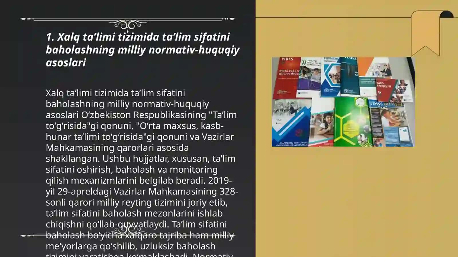 Xalq ta'limi tizimida ta'lim sifatini baxolash bo'yicha xalqaro tadqiqotlarni(PISA,TIMSS,PIRLS,TALIS) joriy etishning me'yoriy-huquqiy asoslari, asosiy maqsadlar va chora-tadbirlar Abdusattorova Odina 3