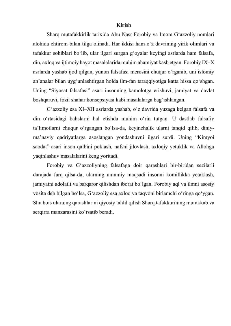 Abu Nasr Farobiy va Gʻazzoliyning falsafa ilmiga oid qarashlarini qiyosiy tahlil etish (Farobiyning Siyosat falsafasi va Gʻazzoliyning Kimyoi saodat asarlari asosida). 3