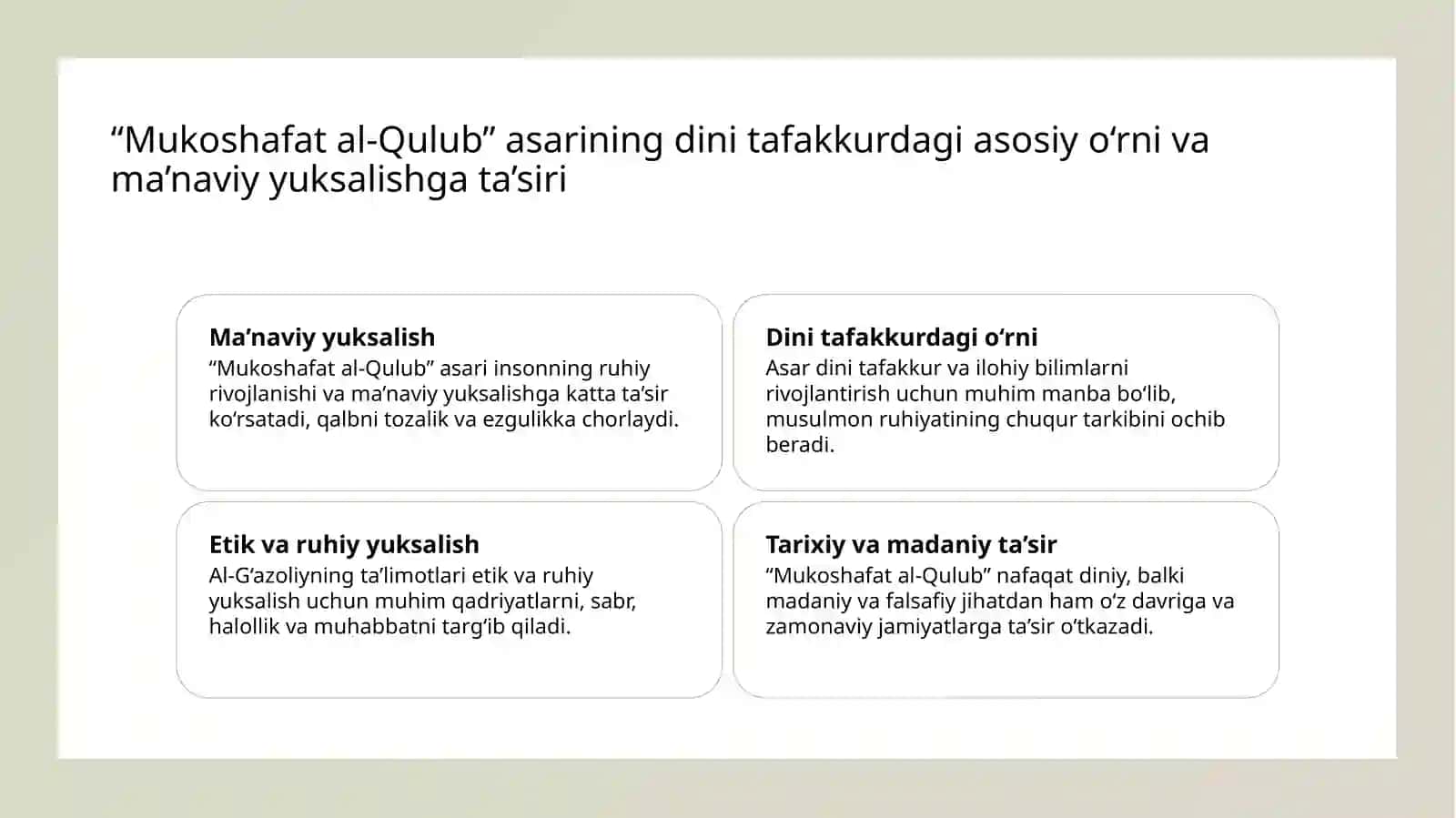 Abu Homid Gʻazzoliyning “Mukoshafatul qulub” asari bo’yicha 3