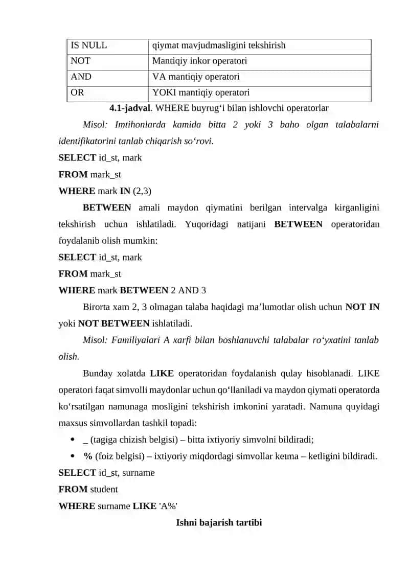 Maʼlumotlar bazasida and,or,not amallarida ishlash 3