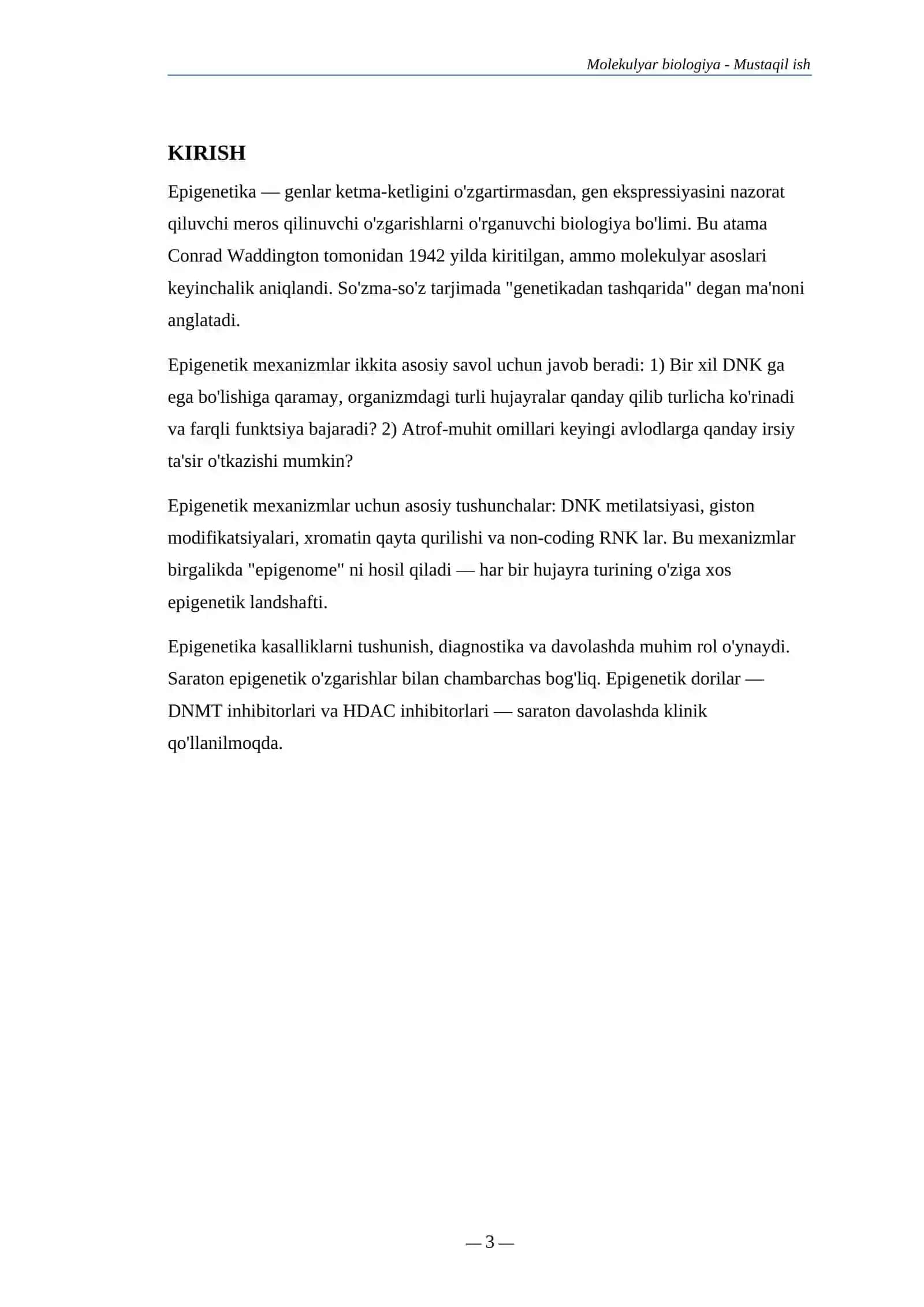 MOLEKULYAR BIOLOGIYA KAFEDRASI MUSTAQIL ISH 3