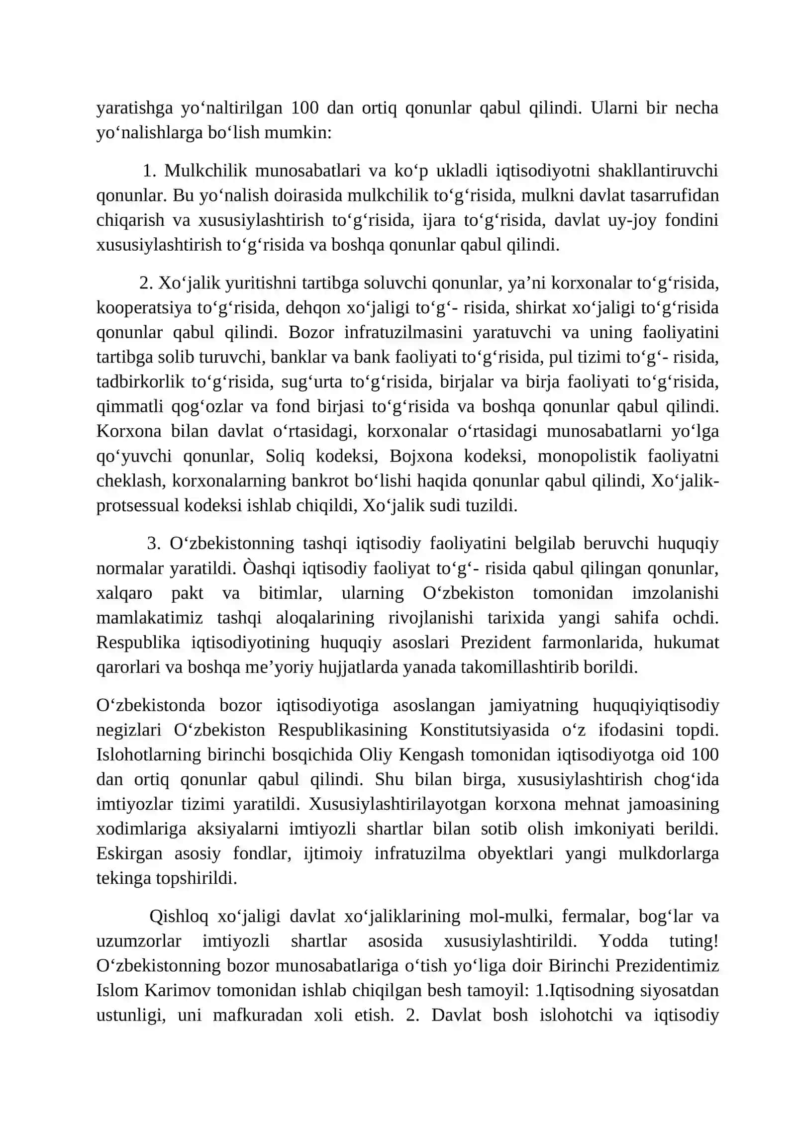 Iqtisodiy islohotlar, xususiy mulkchilikning shakllanishi. O‘zbekistonda bozor munosabatlarining rivojlanishi 3