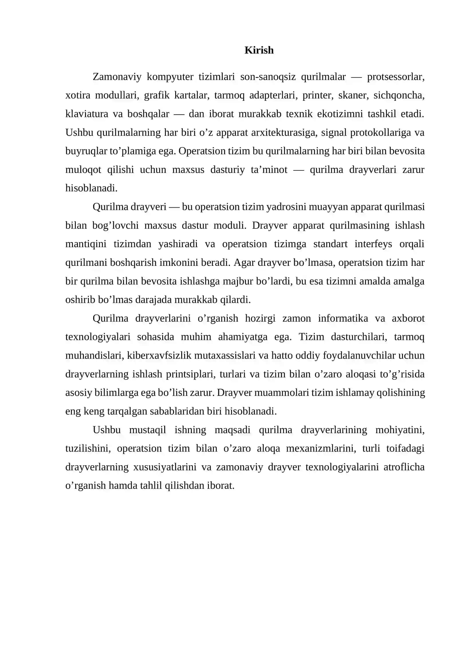Qurilma drayverlari va ularning operatsion tizimdagi o’rni 3