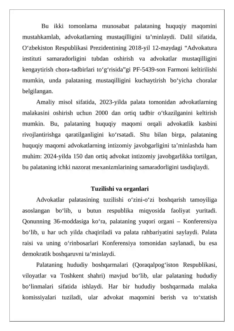 Oʻzbekiston Respublikasi Advokatlar palatasining huquqiy maqomi Tahliliy material 3