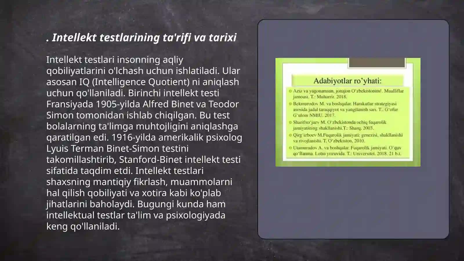 Intellekt testlarining qo'llanishi biln bog'liq muammolar xulosa va foydalangan adabiyotlar 3