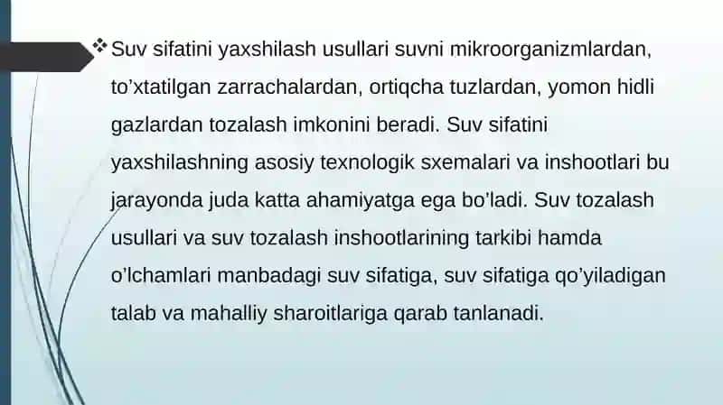 Ichimlik suvining sifatini yaxshilashdagi asosiy usullar 3