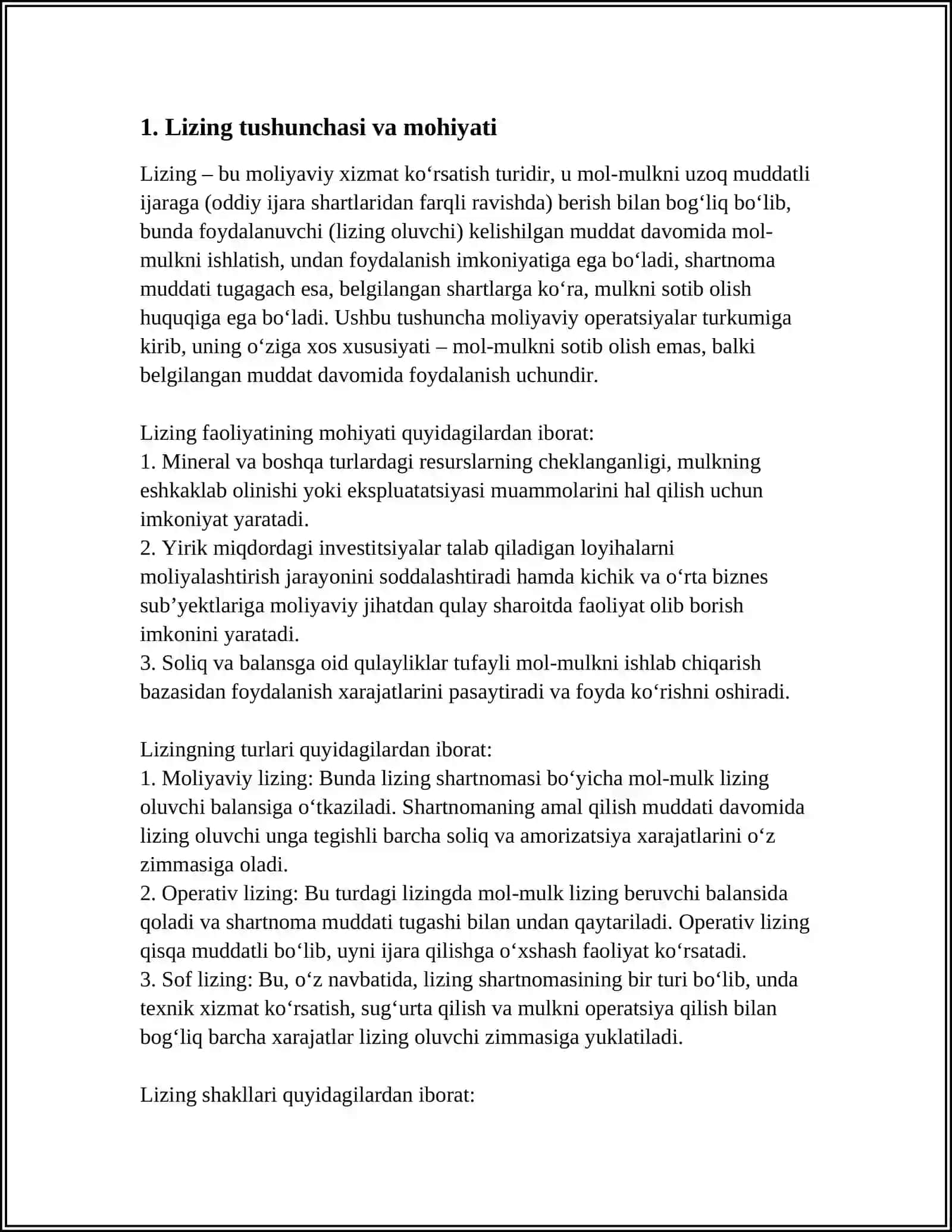 LIZING FAOLIYATINING MOHIYATI. LIZING TURLARI VA SHAKLLARI 3