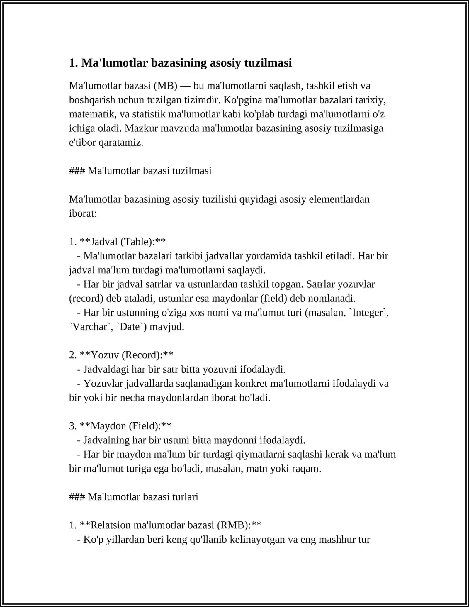 KICHIK LOYIHA – SQLDA ODDIY MA’UMOTLAR BAZASINI YARATISH, MA’LUMOTLAR KIRITISH VA TURLI SO‘ROVLAR YOZISH (MASALAN, TALABA RO‘YXATI VA ULARNING BAHOLARI HAQIDAGI BAZANI YARATISH) 3