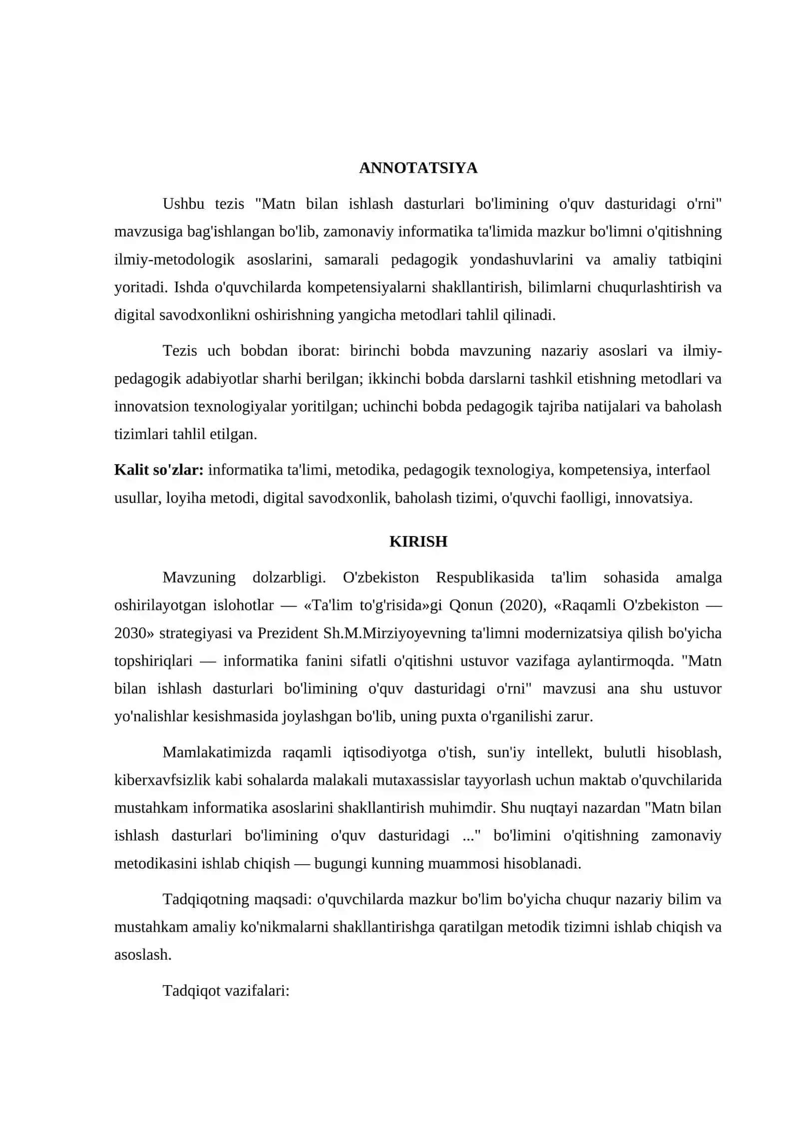 MATN BILAN ISHLASH DASTURLARI BO'LIMINING O'QUV DASTURIDAGI O'RNI 3