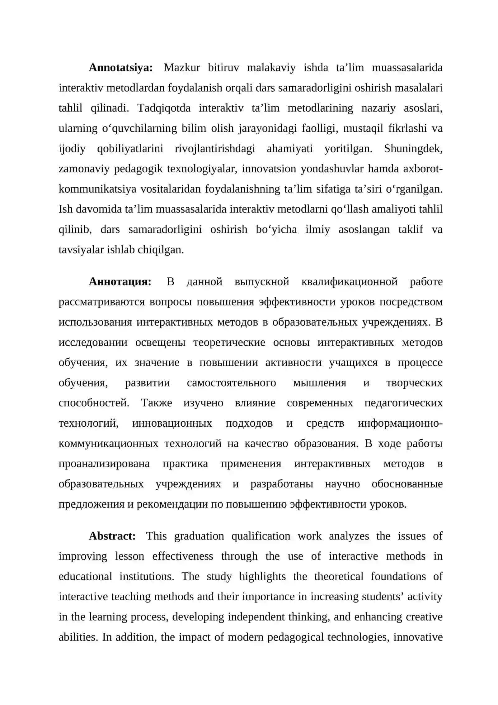 Ta'lim Muassasalarida Interaktiv Metodlardan Foydalanish Orqali Dars Samaradorligini Oshirish Bitiruv Malakaviy Ishi 3