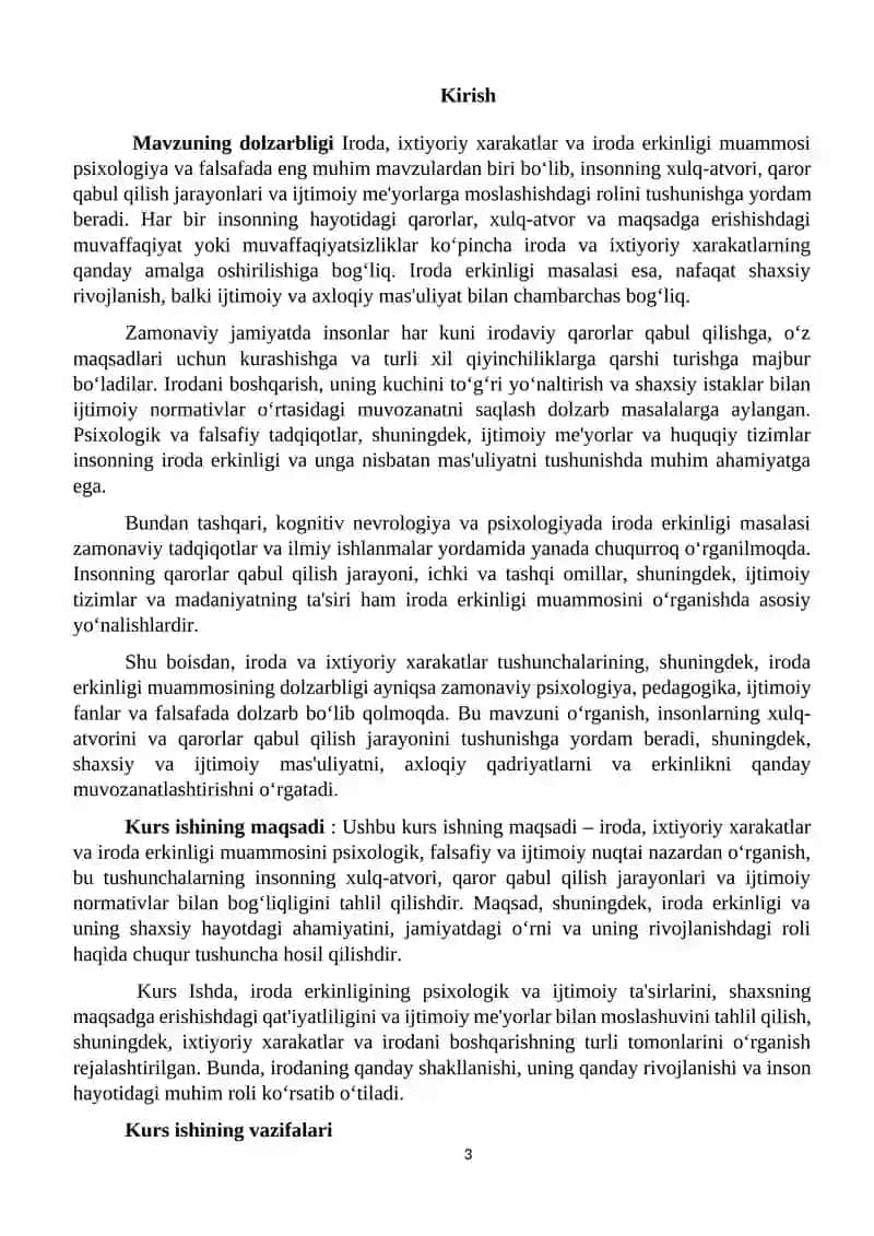 "Irodani aniqlash ixtiyoriy xarakatlar mezonlari va iroda erkinlgi muammosi" 3