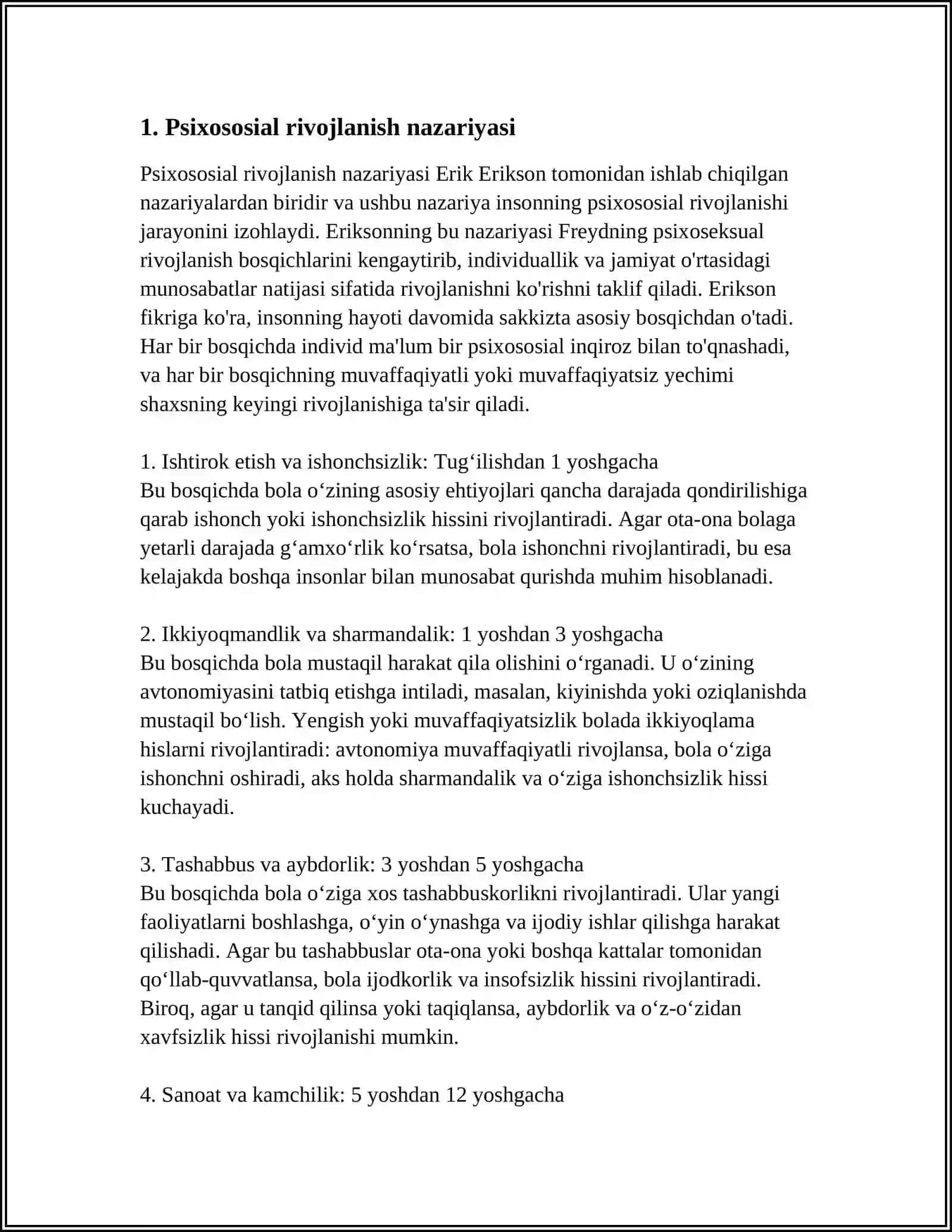Mavzu: ERIKSON NAZARIYASINING ASOSIY TUSHUNCHALARI 3