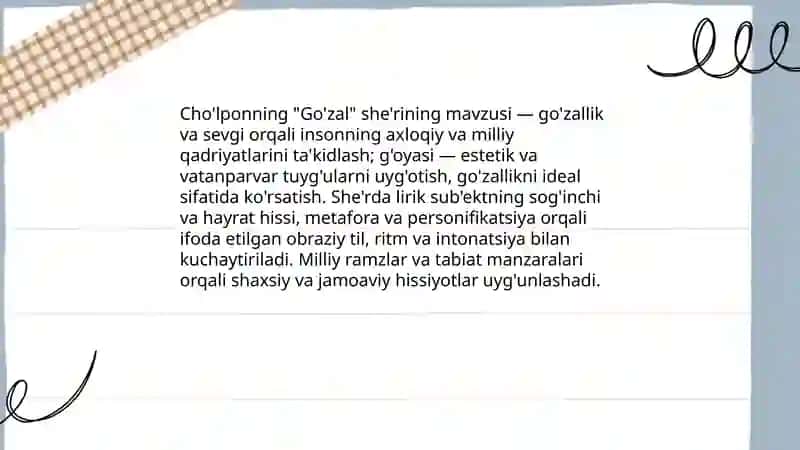 Cho'lponning "Go'zal" she'rining mavzu va g'oya tahlili 3