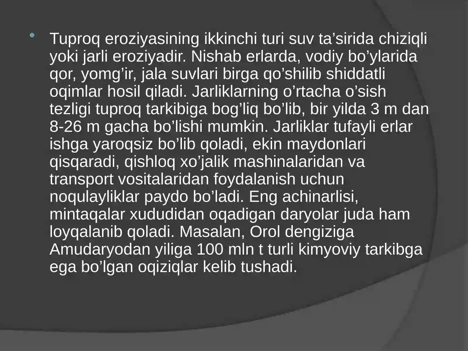Tuproqning suv ta’sirida eroziyaga uchrashishi va unga qarshi kurashish yo’llari 3