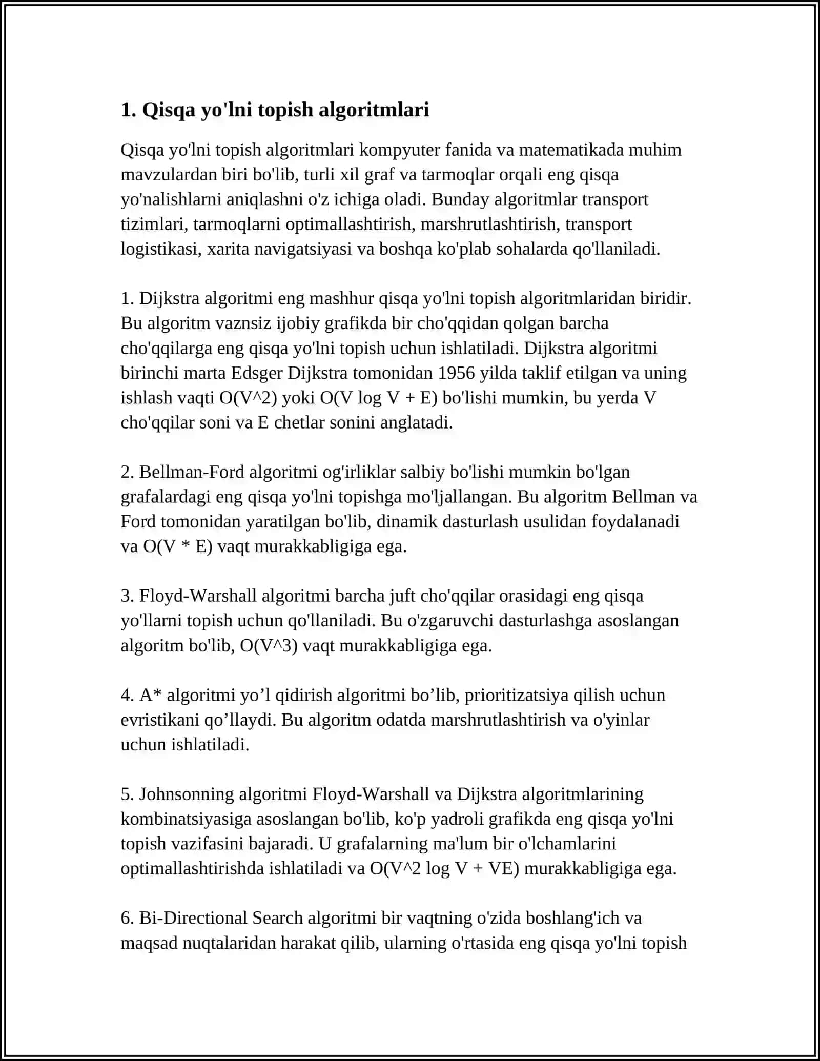GRAFLARDA ENG QISQA YO’LNI ANIQLASH ALGORITMLARI 3