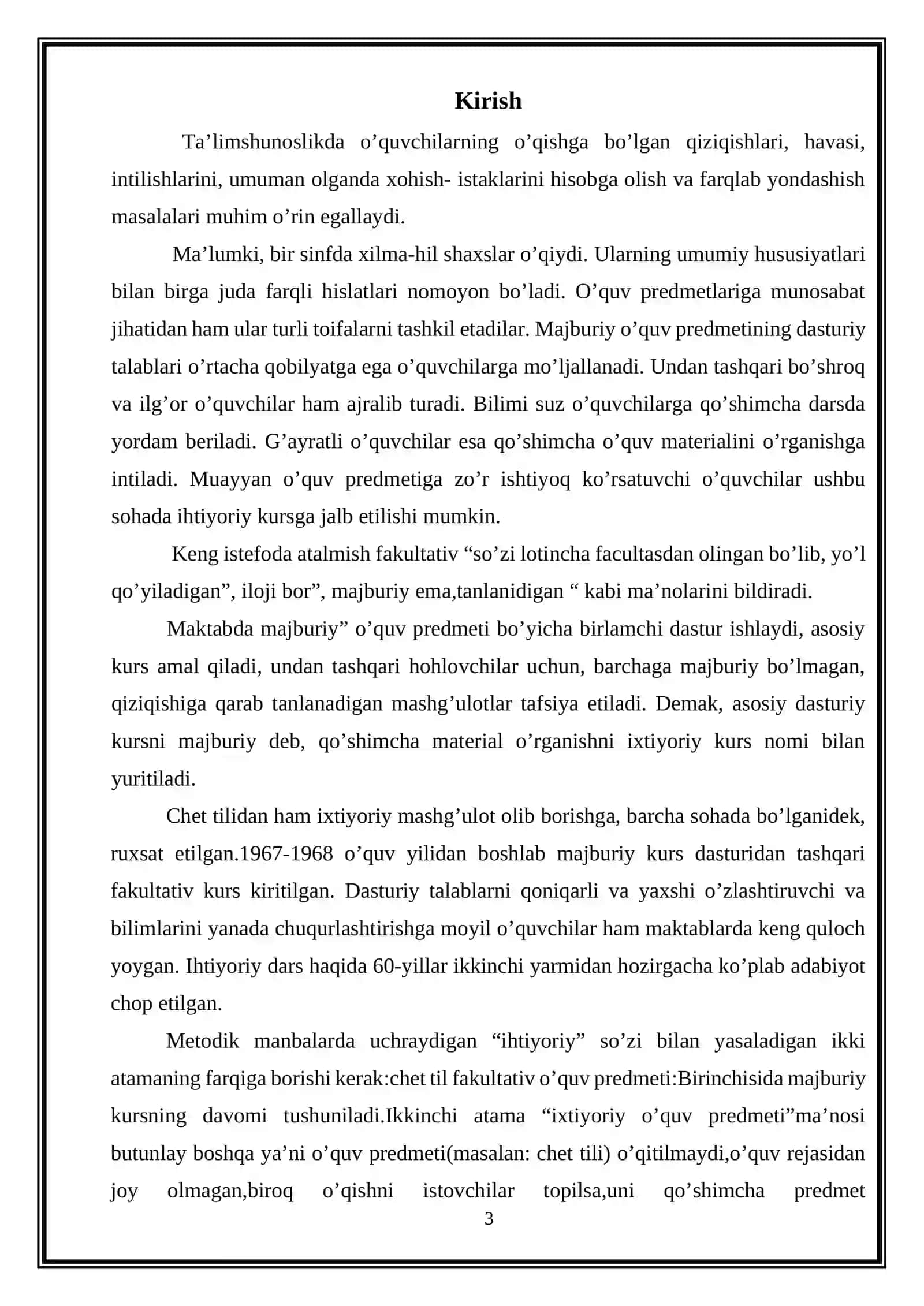 "CHET TILI O’RGANISHDA FAKULTATIV VA TO’GARAK ISHLARINING AHAMIYATI” MAVZUSIDAGI KURS ISHI 3