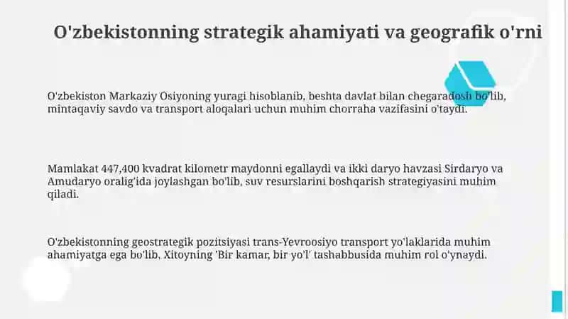 O'zbekistonning Markasiy Osiyoda tinchlik va barqarorlikni ta'minlashdagi oʻrni 3