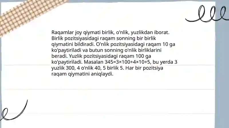 Raqamlar xossalari. Necha xonali son? Yig'indini qulay usulda hisoblash. Sonning raqamlari yig'indisi 3