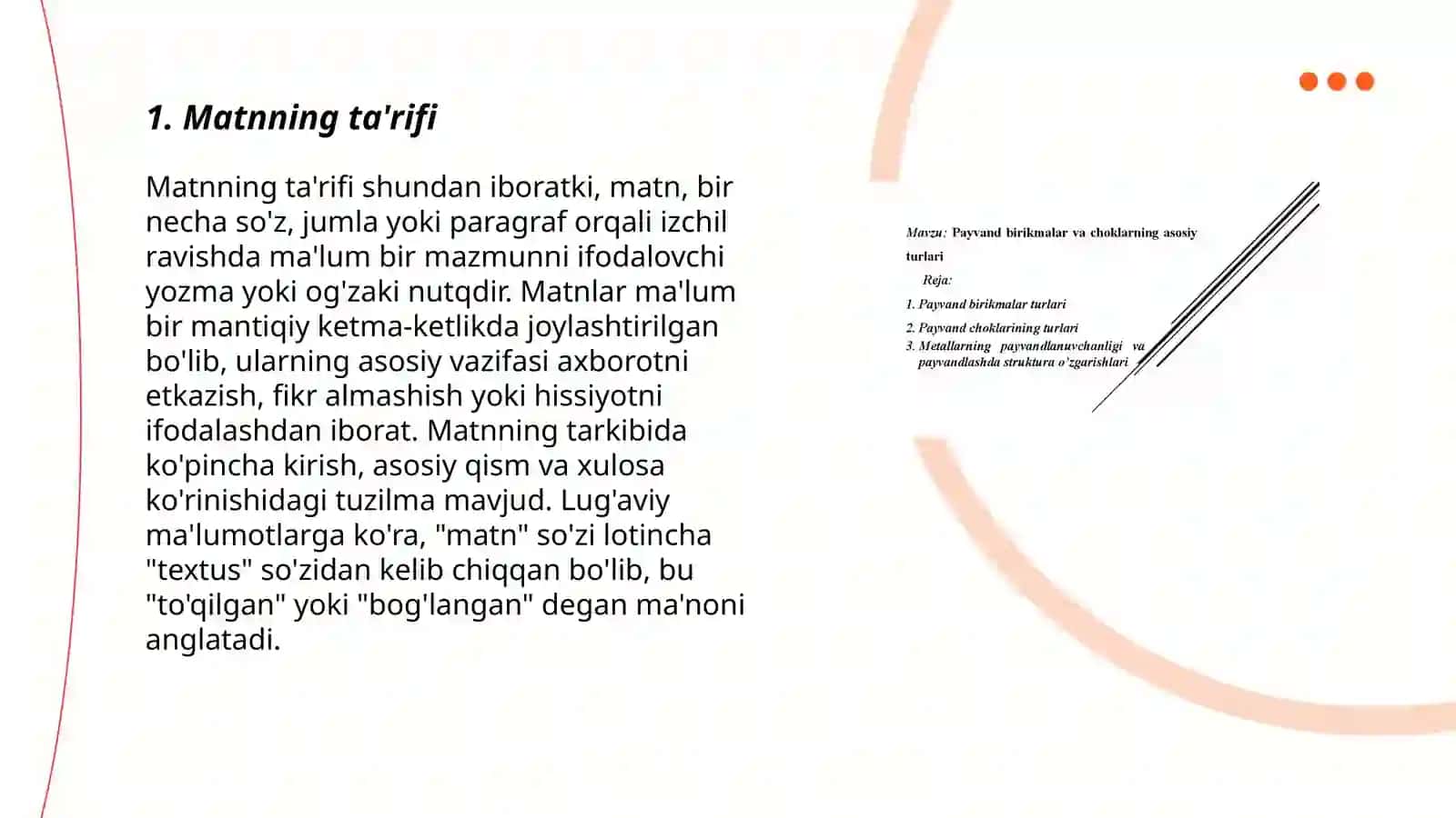 Matn va uning turlari.Matn hosil qiluvchi birikmalar 3