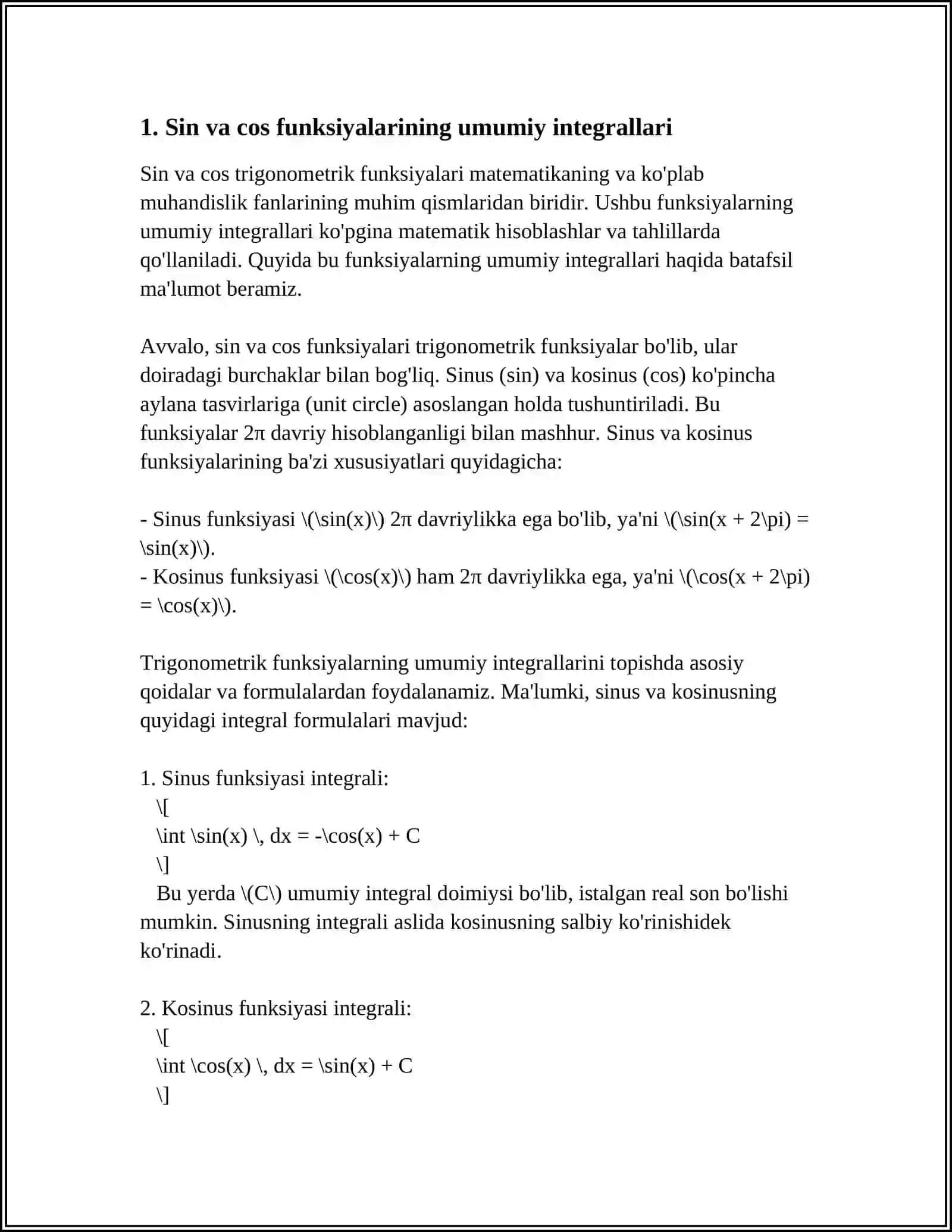 BA'ZI TRIGONOMETRIK FUNKSIYALAR SINFINI INTEGRALLASH. ANIQ INTEGRAL. ANIQ INTEGRALNING GEOMETRIK TATBIQLARI 3