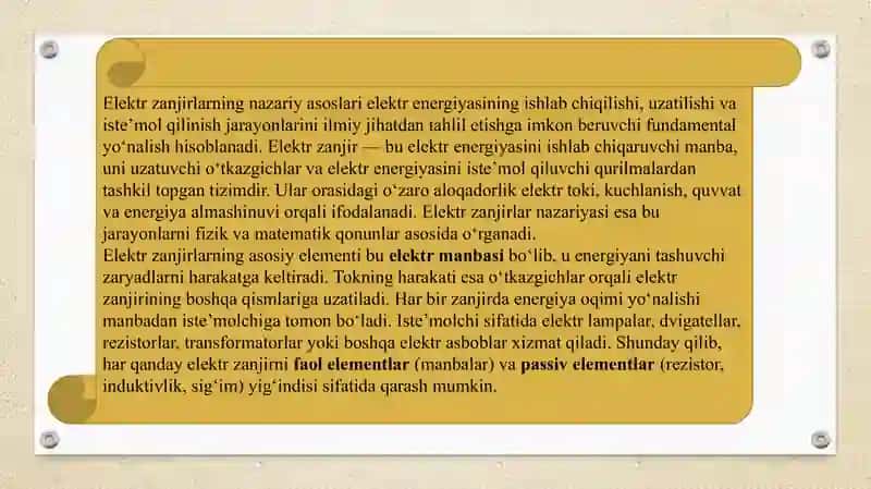 Elektr zanjirlar nazariyasi ularning xarakteristikasi va asosiy qonunlari. Elektr zanjirlarini hisoblash usullarini o’rganish 3