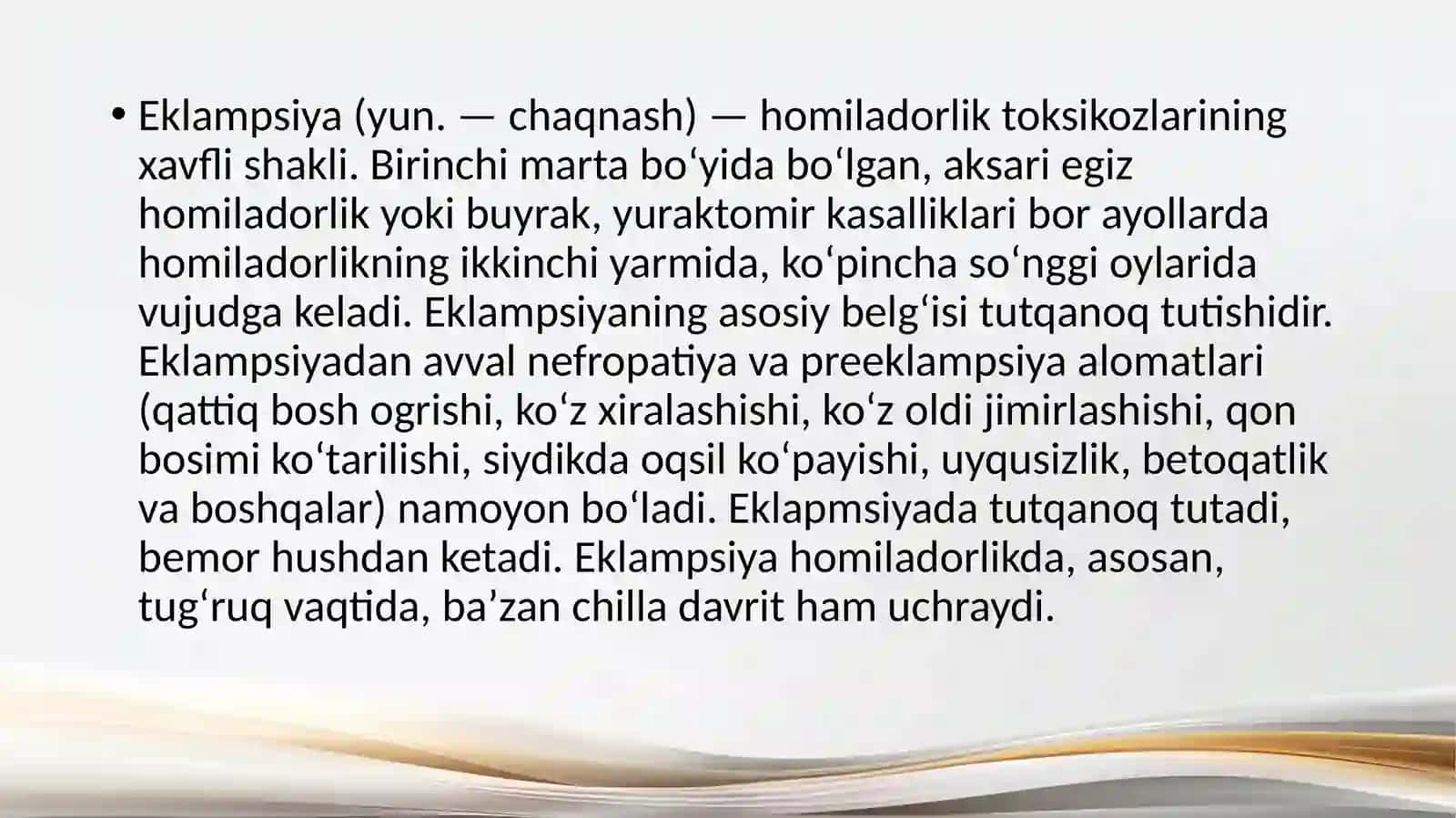 Akusherlikda gipertenziv sindrom.Preeklampsiya eklamsiya.Akusherlikda gipertermiya oʻgʻrik va umumiy xolsizlik sindromi. Akusherlikda xomiladorlikda anemiya buyrak (pielonefrit,glomerulonefrit buyrak tosh kasalligi) va oʻpka (bronxit, pnevmoniya,bronxial astma) kasalliklari 3