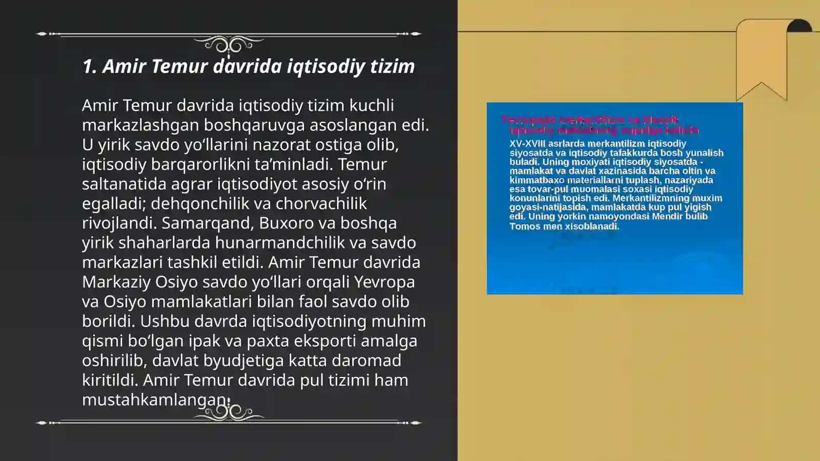 Amir Temur va Temuriylar davri Iqtisodiy ģoyalar va merkantilizm bilan taqqoslash 3