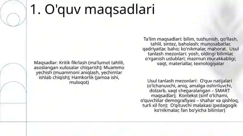 Ta'lim metodlari ichiga kiruvchi usullarni tanlash me'zonlari va ularning mazmun-mohiyati 3