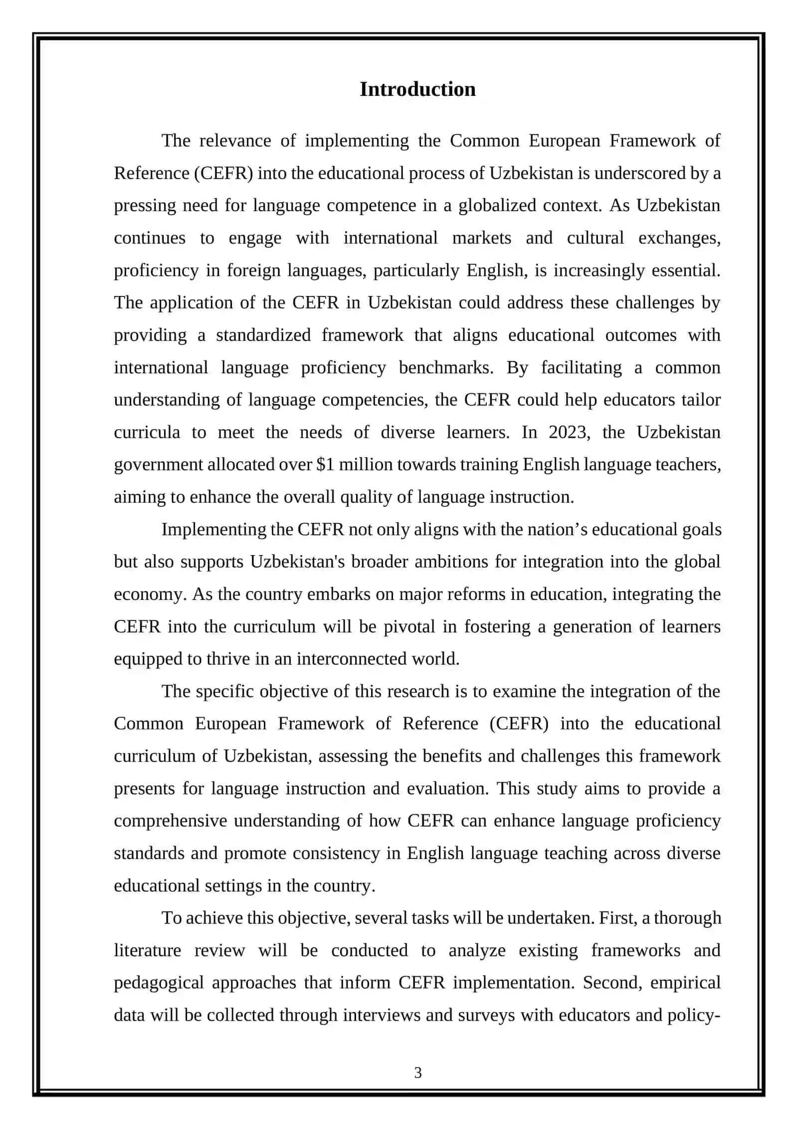 Implementing CEFR ( Common European Framework of Reference ) into the Educational Process of Uzbekistan 3