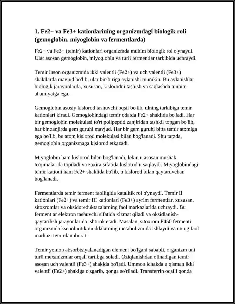 FE+2 VA FE +3 KATIONLARINI ORGANIZMDAGI AHAMIYATI, TIBBIYOTDA QO‘LLANILISHI VA DORI VOSITALARI TARKIBIDA SIFAT HAMDA MIQDORINI ANIQLASH 3