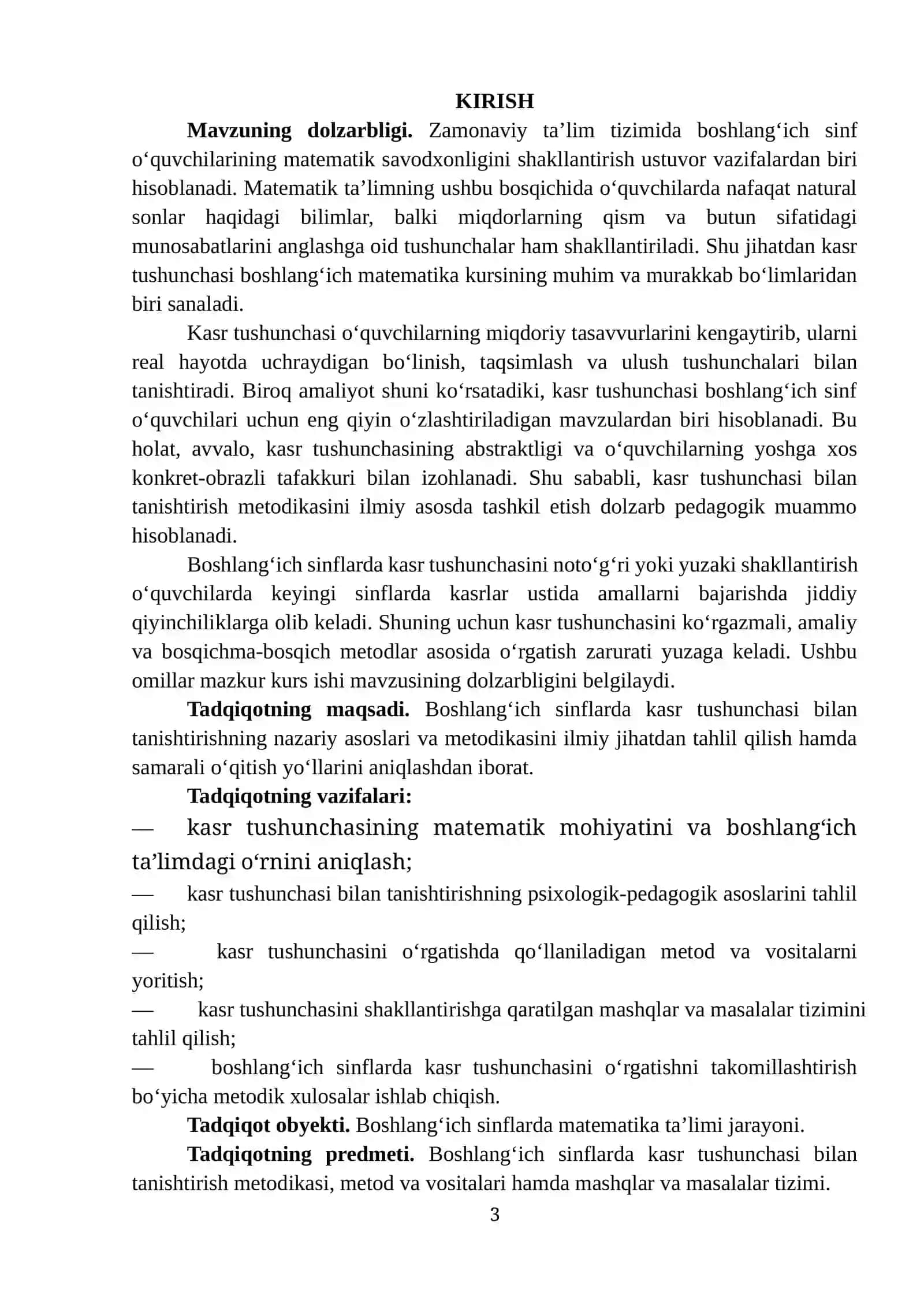 “KASR TUSHUNCHASI BILAN TANISHTIRISH METODIKASI” MAVZUSIDA TAYYORLAGAN KURS ISHI 3