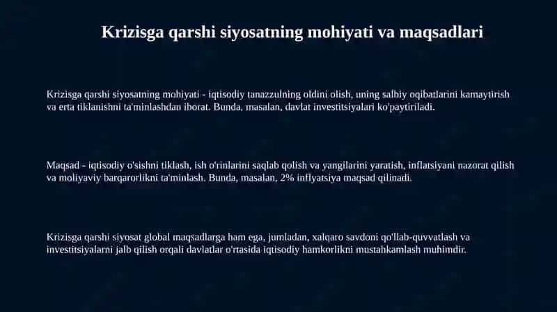 Krizisga qarshi siyosat va makroiqtisodiy muvozanatini ta’minlash 3
