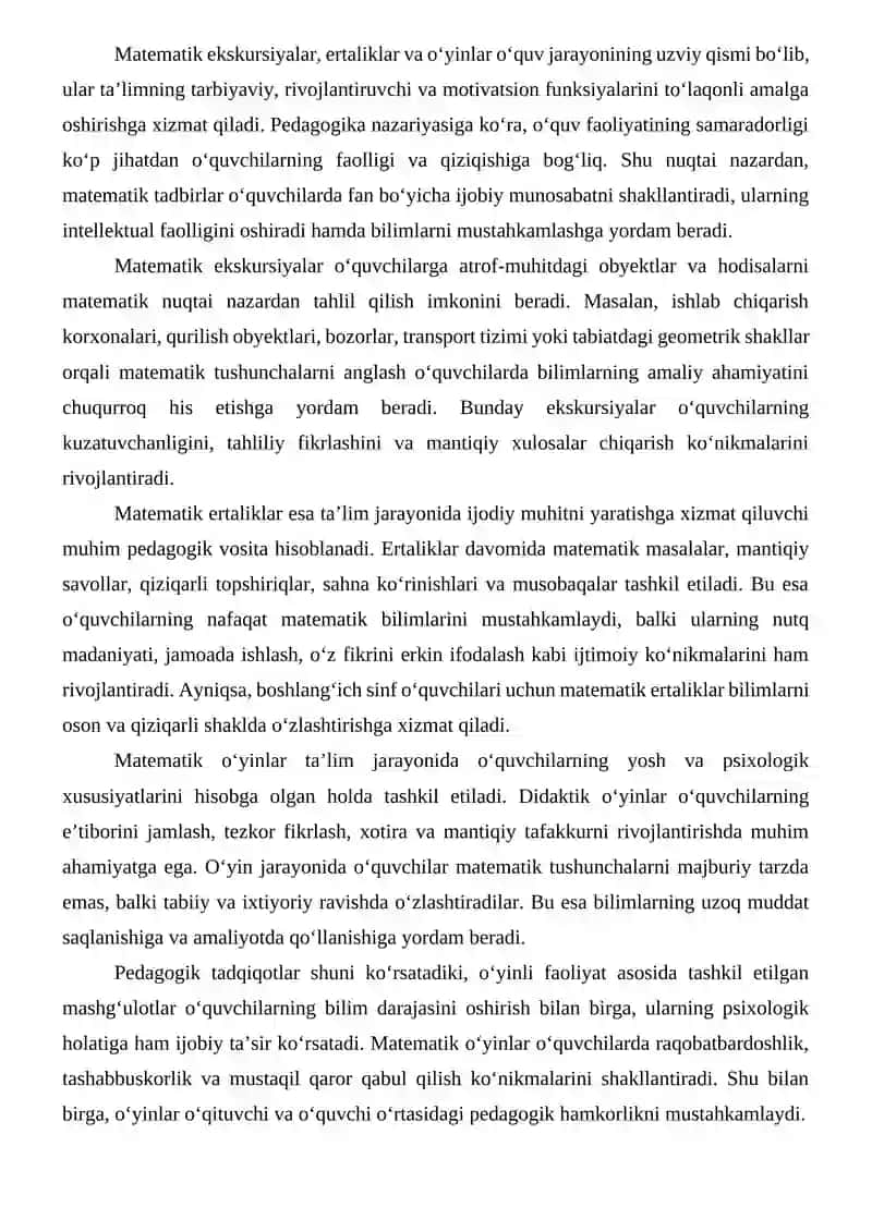 Matematik ekskursiyalar, ertaliklar o‘yinlarni tayyorlash va o‘tkazish metodikasi 3
