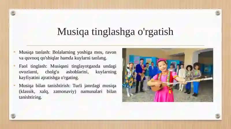 Bolalarni ashula aytish, musiqa tinglash va musiqaviy-ritmik xarakatlarni o‘rgatish 3