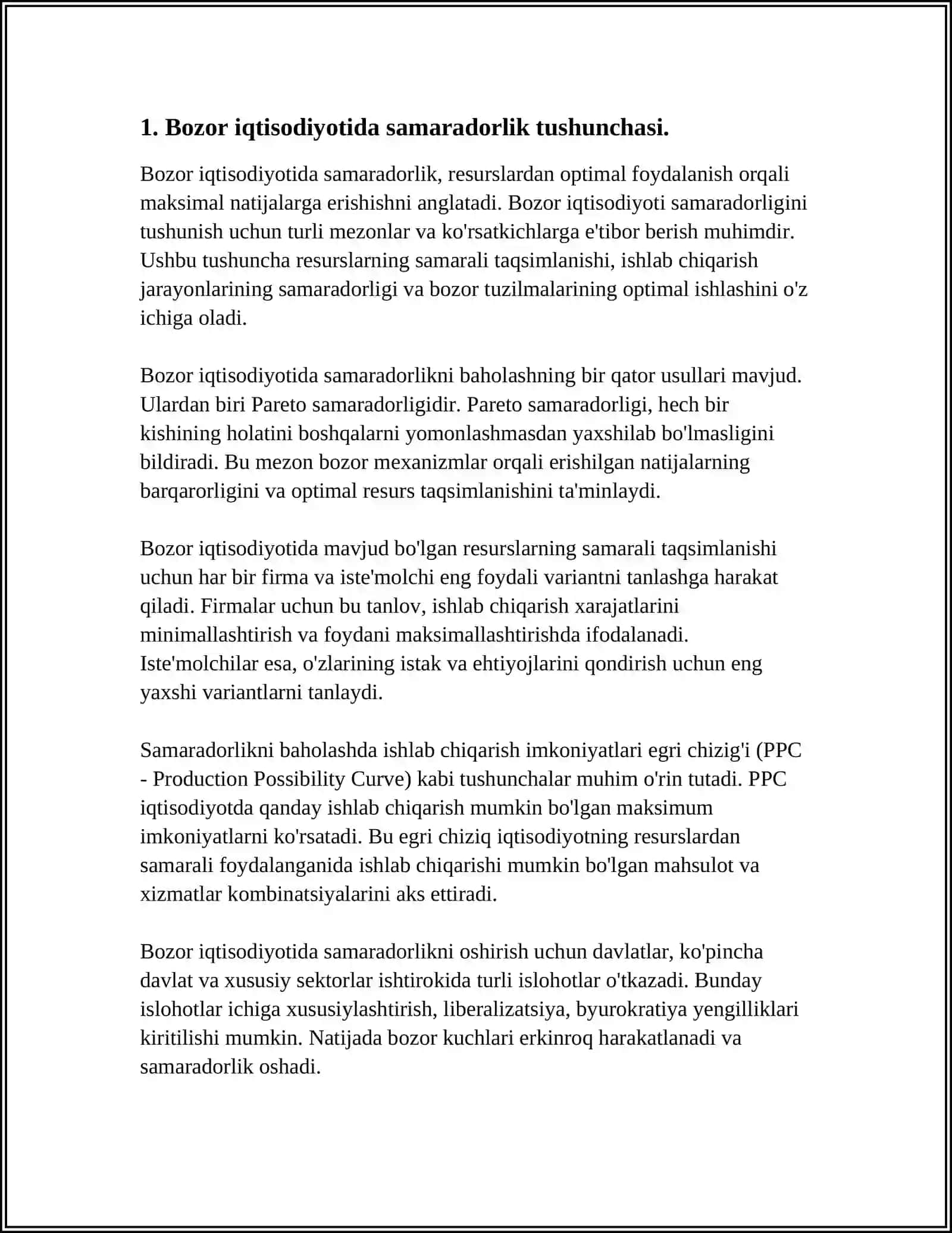 MUSTAQIL ISH Mavzu: BOZOR IQTISODIYOTIDA SAMARADORLIK MUAMOLARI 3
