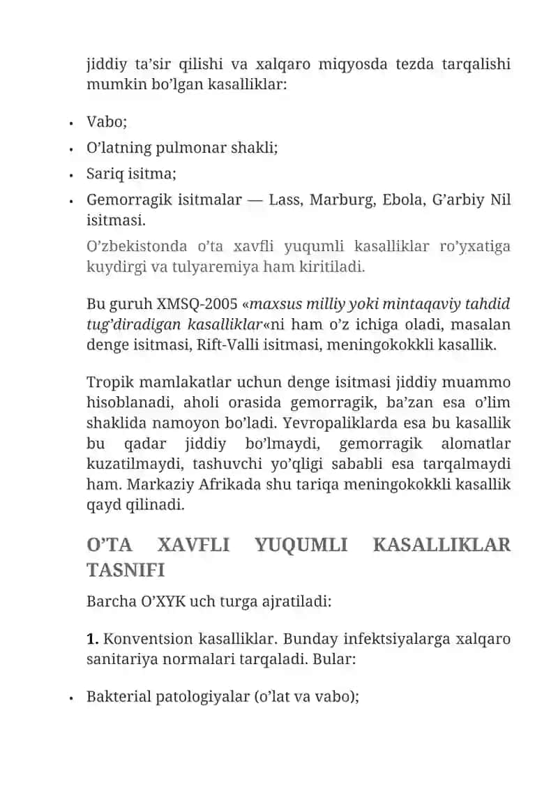 O’TA XAVFLI YUQUMLI KASALLIKLAR — TASNIFI, TURLARI, INFEKTSIYALAR TASHXISI VA PROFILAKTIKASI 3
