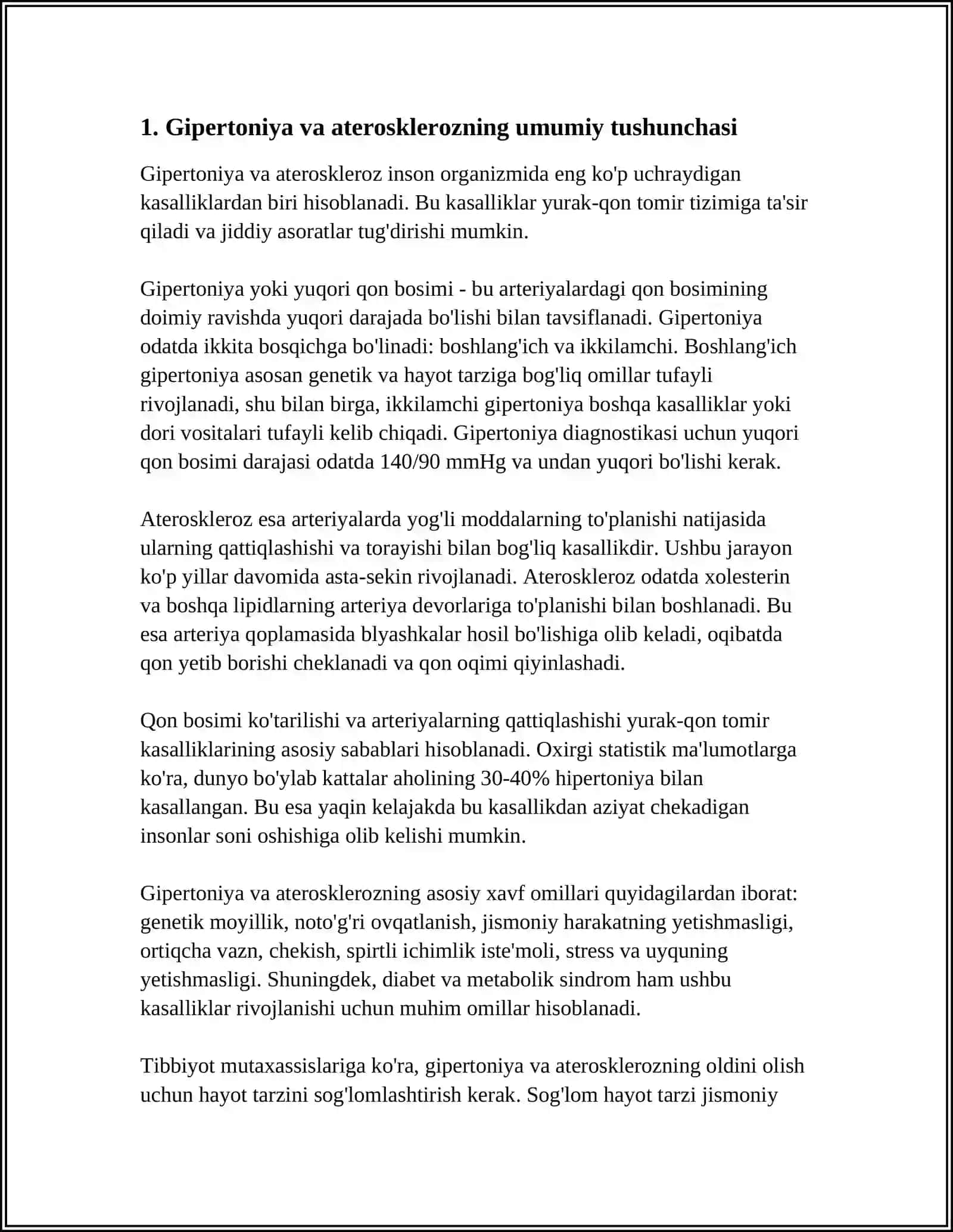 GEPERTANIYA VA ARTEROSKLEROZ KASALLIGI SABABI, TURLARI, KILINIKASI, KECHISHI, DAVOSI VA ASORATLARI REFERAT 3